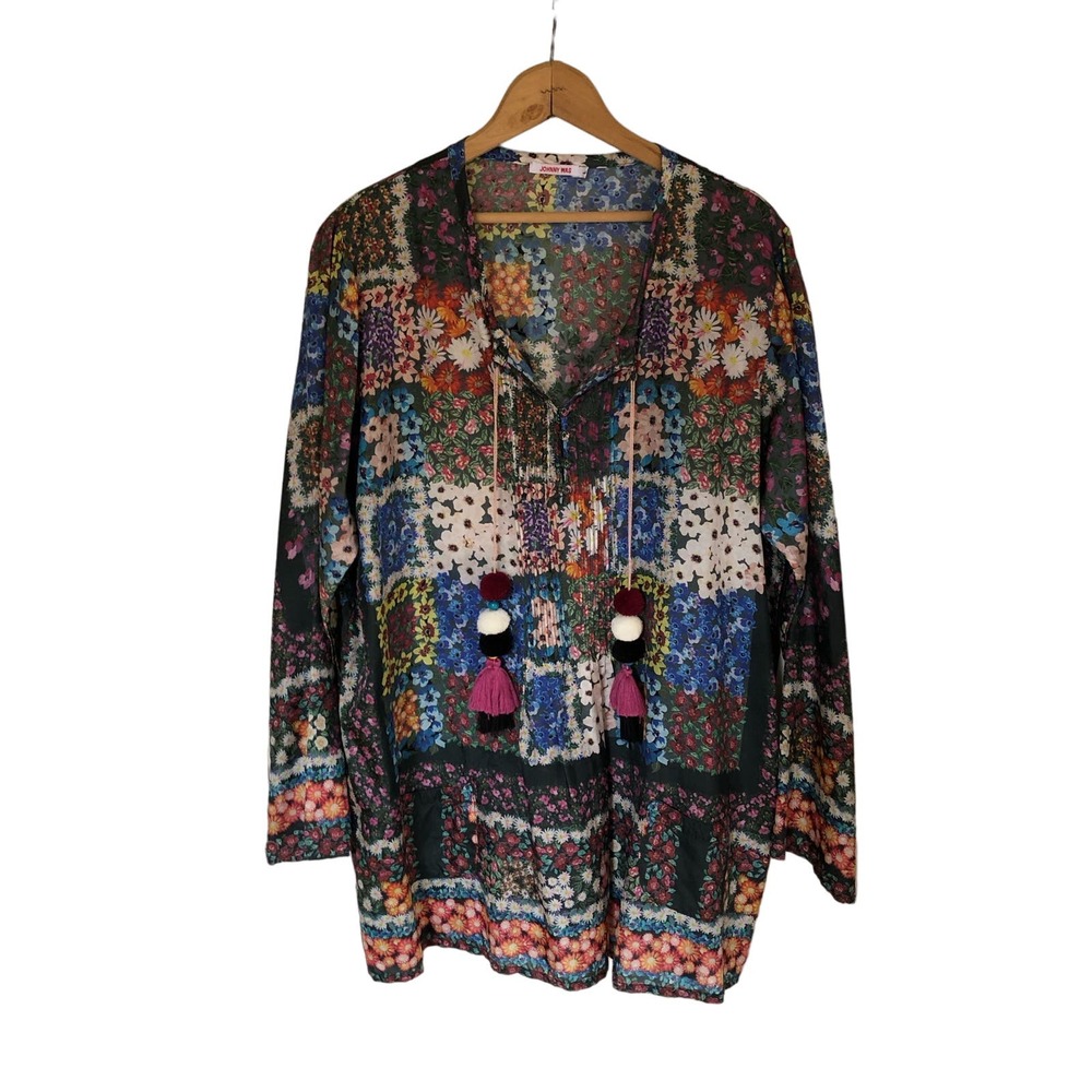 Johnny Was 100% Silk Floral Pom Pom Tassle Tunic Blouse Large